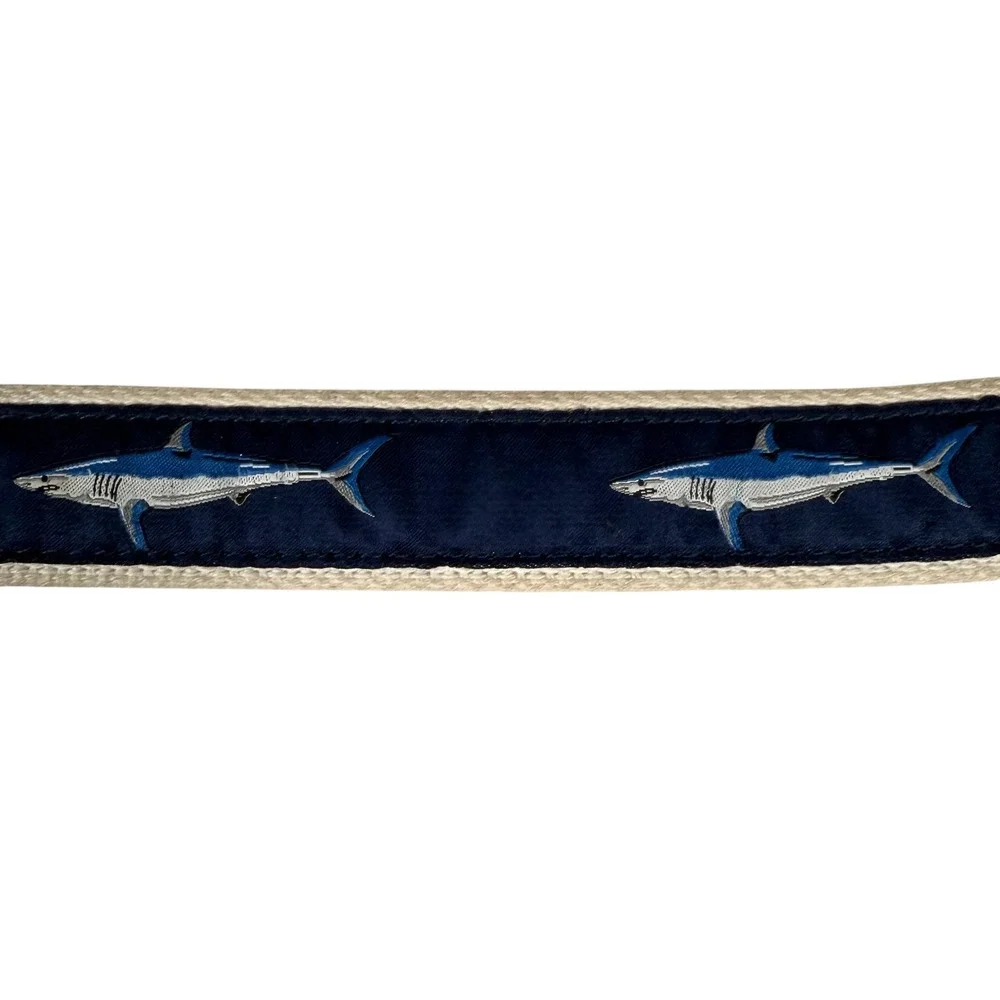 J. Bailey Boys Navy Shark Embroidered Canvas Leather Belt Size 20 Nautical Brass